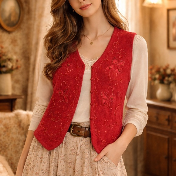 Requirements Tops - Requirements Petite Red embroidered vest, large cottagecore button front